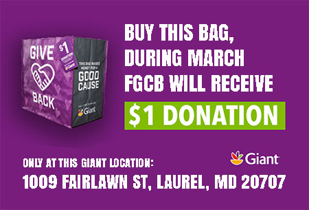 FGCB will receive a $1 donation for every reusable $2.50 Community Bag purchased at the Giant Food Store, 1009 FAIRLAWN ST, LAUREL.