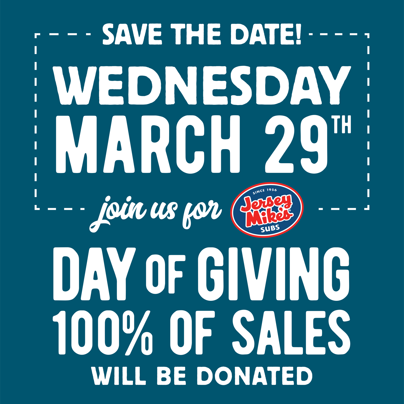 Celebrate Jersey Mike’s 13th Annual Month of Giving!  Donate through March at these THREE locations, and support First Generation College Bound.  ​ Plan to visit on the 29th of March for #DAY OF GIVING.   One hundred percent of sales will be donated to First Generation College Bound.